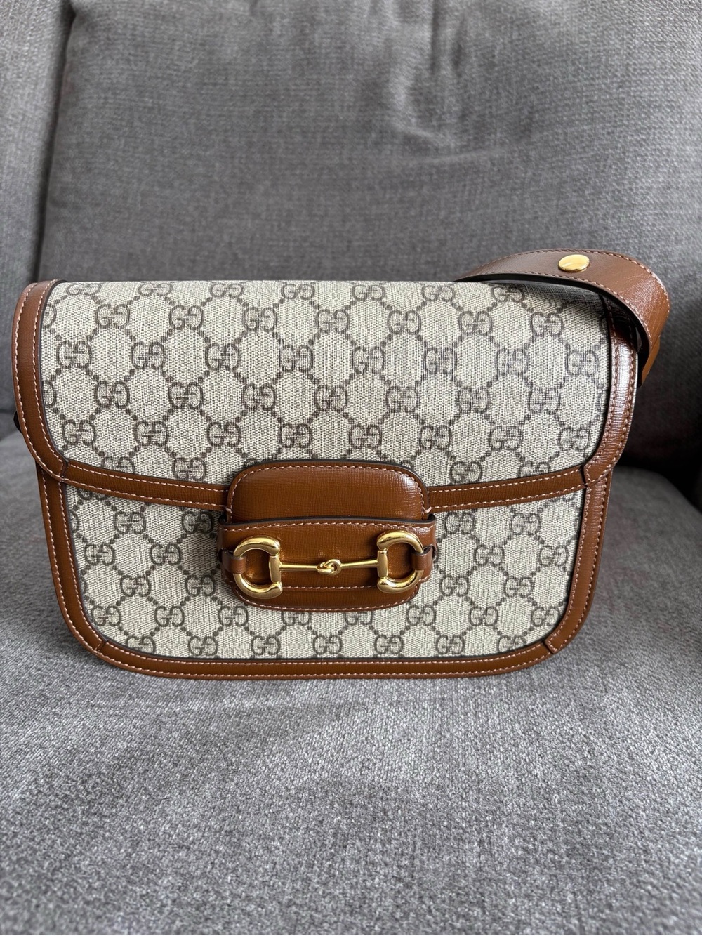 Gucci Beige GG Supreme Canvas Crossbody with Brown Leather and Gold Hardware